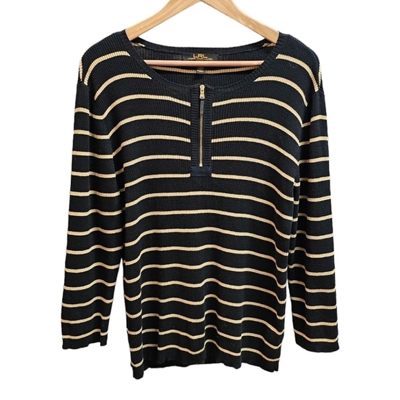Lauren Ralph Lauren Sweaters - Lauren Ralph Lauren Cotton Black & Tan Striped 1/4 Zip Sweater Size XL Classic